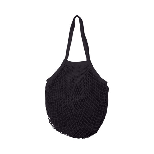 A black mesh grocery bag with a spacious inner compartment and two sturdy handles for easy carrying.
