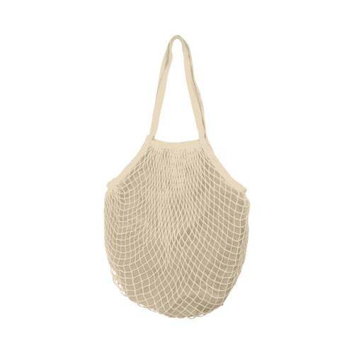 A beige mesh grocery bag with a netted design and two shoulder straps. It features an inner compartment.