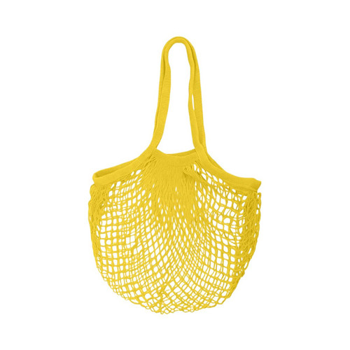 A yellow mesh grocery bag with two handles, featuring an open weave design.