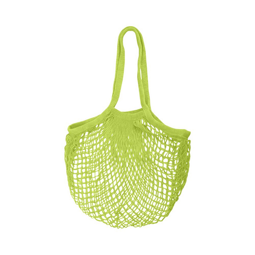 A lime green mesh grocery bag with two handles, featuring a netted design.