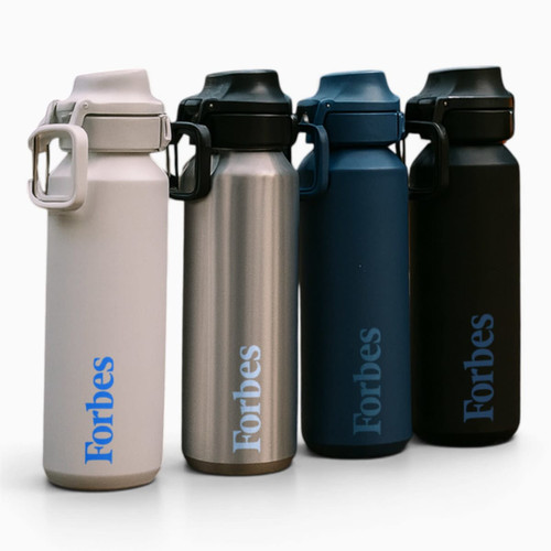 A drink bottle collection featuring four colours: white, stainless steel, navy blue, and black, each with a logo.