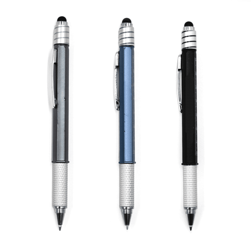Three stylus pens in silver, blue, and black, featuring a textured grip and a branding logo on each pen.