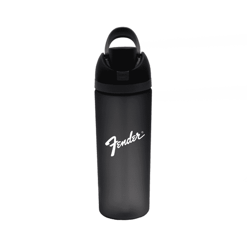 A drink bottle in black with a handle and a logo, featuring a sleek, contemporary design.