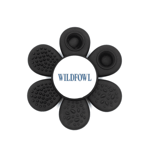 A black flower-shaped product with textured petals and a central logo. It features various raised patterns on each petal.