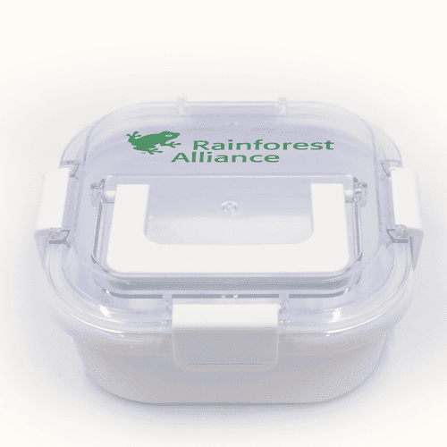 A white lunch box with a transparent lid, featuring a logo on the top. It has a secure clasp for closure.