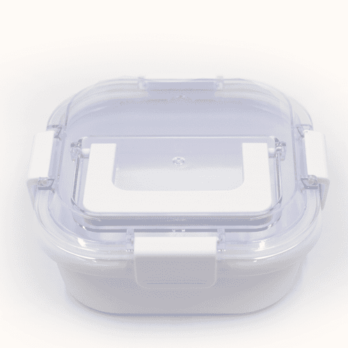 A white and clear lunch box with a secure lid and clip fasteners, designed for food storage.