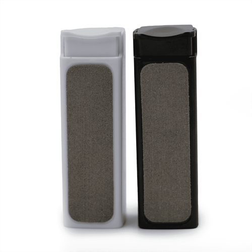 Two rectangular screen cleaning devices, one white and one black, each with a grey cleaning surface and a logo.
