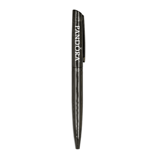 A metallic black ballpoint pen with a clip and a logo, featuring a sleek and elegant design.