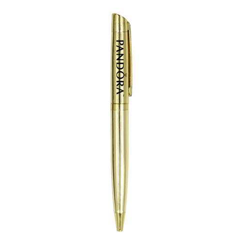 A gold metal ball pen with a clip and a logo on the body.