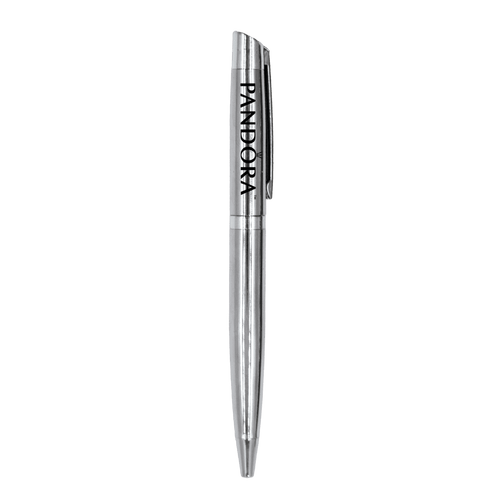 A silver metal ball pen with a clip and a logo on the side. The pen has a sleek and polished design.