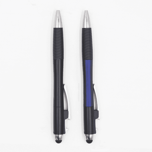 Two retractable pens in black and blue with silver accents and textured grip, featuring a logo.