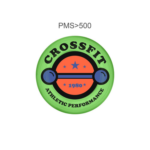 A green frisbee with a circular design featuring an orange barbell, stars, and the word "CrossFit".
