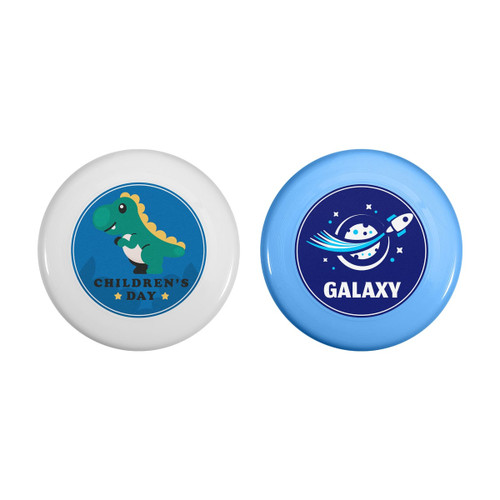 Two flying discs, one white featuring a dinosaur, and one light blue with a rocket and planet design, both with logos.