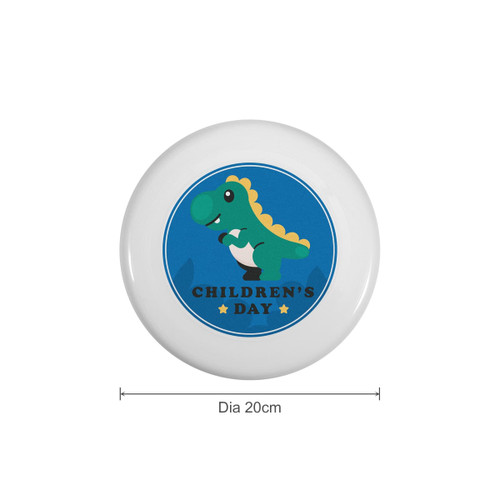 A white frisbee featuring a green dinosaur design on a blue background, labelled with "Children's Day." Diameter is 20 cm.