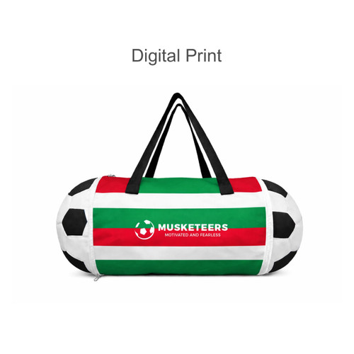 A foldable duffel bag in red, green, and white stripes with a black and white soccer ball design and a logo.