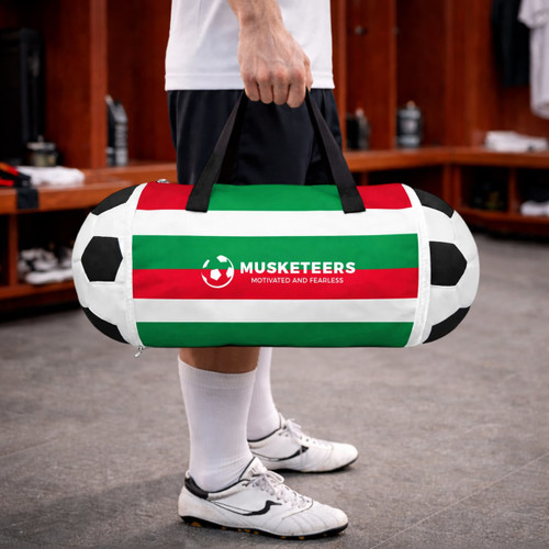 A foldable duffel bag in green, red, and white with a football design and a logo, held by a person in athletic wear.