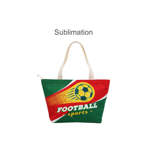 A multi-coloured tote bag in red and green featuring a football design and a logo on the side.