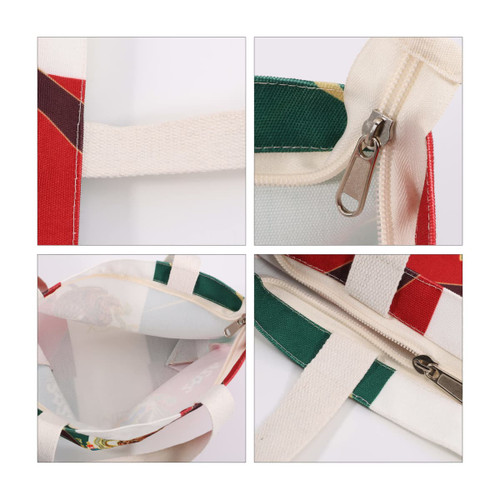 A multi-coloured tote bag featuring a zipper and contrasting straps, showcasing its interior and exterior details.