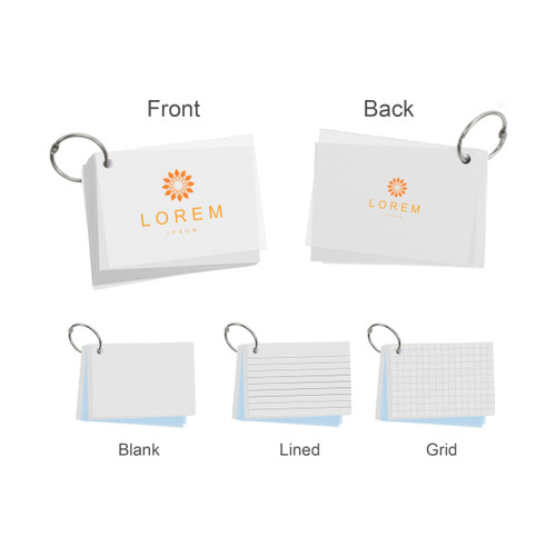 A7 PP cover index cards on a ring, featuring blank, lined, and grid formats in white with an orange logo.