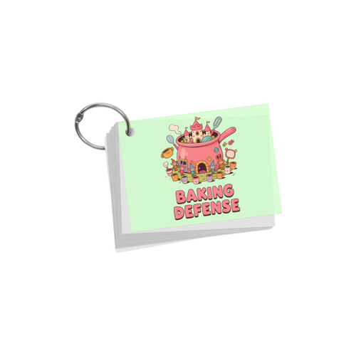 A set of light green index cards on a ring featuring a whimsical baking-themed illustration.