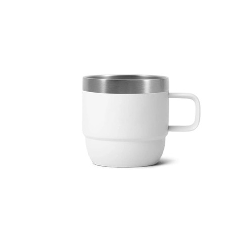 A stackable stainless steel mug in white with a silver rim, featuring a sturdy handle. It has a simple, modern design.