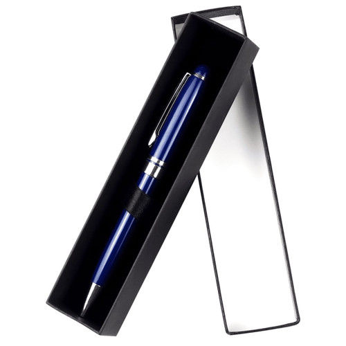A black single pen box containing a blue pen with a silver accent, featuring a logo on the interior.