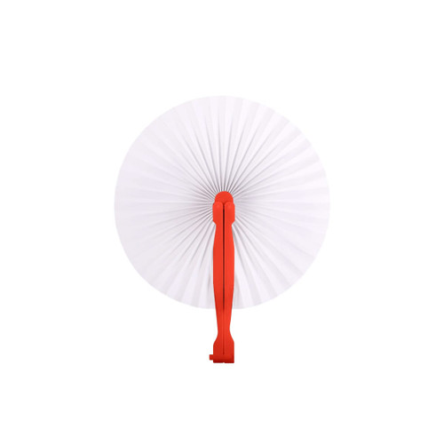 A round plastic paper fan with a red handle and white fan surface, featuring a pleated design.