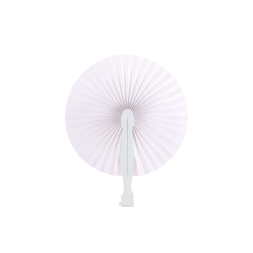 A round plastic paper fan in pale pink with a white handle, featuring a pleated design. It includes a logo.