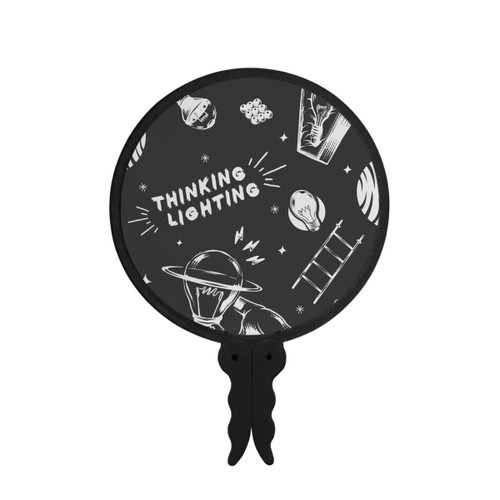 A black foldable fan featuring white graphic illustrations and a logo.