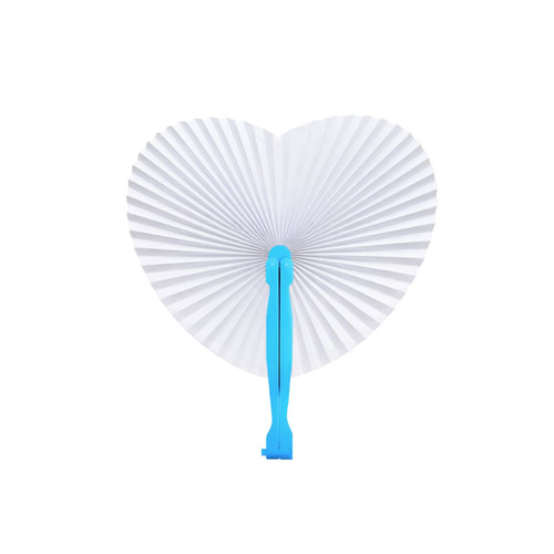 A heart-shaped white paper fan with a blue handle, featuring a pleated design and a simple logo.