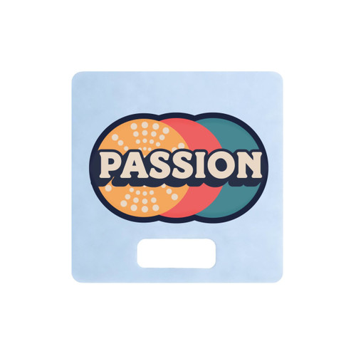 A custom-shaped fan in pastel colours featuring a circular design and the word "PASSION" across the centre.