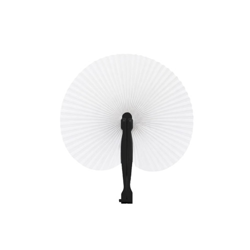 A peach-shaped plastic paper fan with a black handle, featuring a pleated design in white.