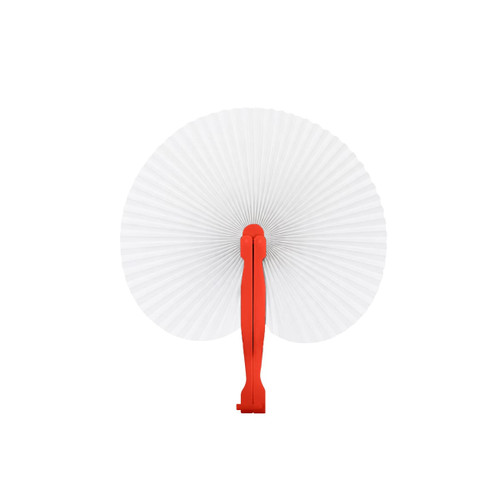 A peach-shaped plastic paper fan featuring a red handle and a white fan surface. It has a logo on the handle.