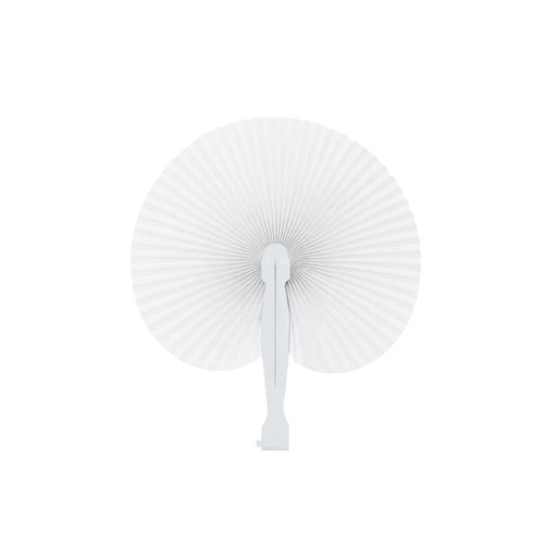 A white plastic paper fan with a ribbed design and a plastic handle, featuring a simple, elegant appearance.