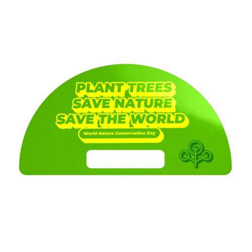 A green custom-shaped paper fan without handles featuring messages about conservation and a logo.