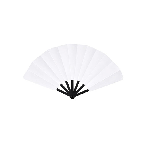 A plastic hand fan with black supports and white blades, fanned out for display. It features a logo on the handle.
