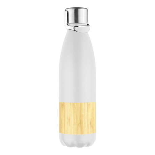 A drink bottle with a sleek frosted white body and a bamboo panel, featuring a silver lid and logo.