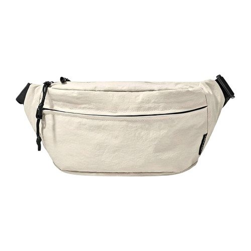 A large, cream-coloured bum bag with a front zip pocket and adjustable straps. Features a logo on the side.