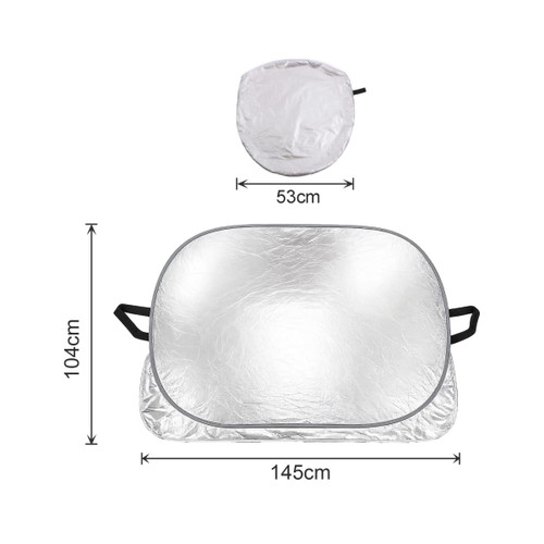 An aluminium car snow cover in silver, displayed flat with dimensions indicated, and a smaller compact version above.