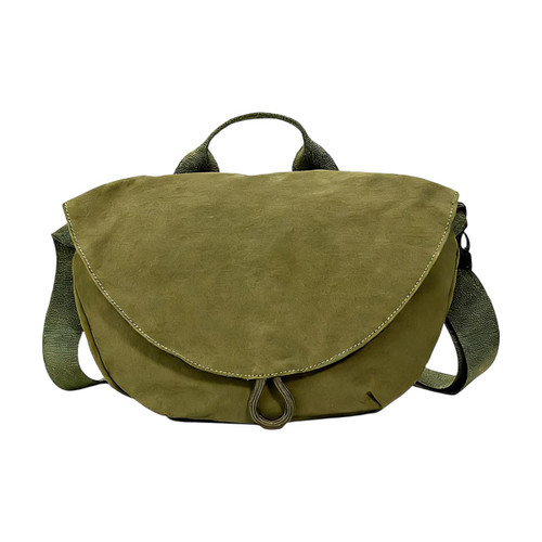 A casual crossbody bag in olive green with a fold-over flap and a shoulder strap. Features a logo.