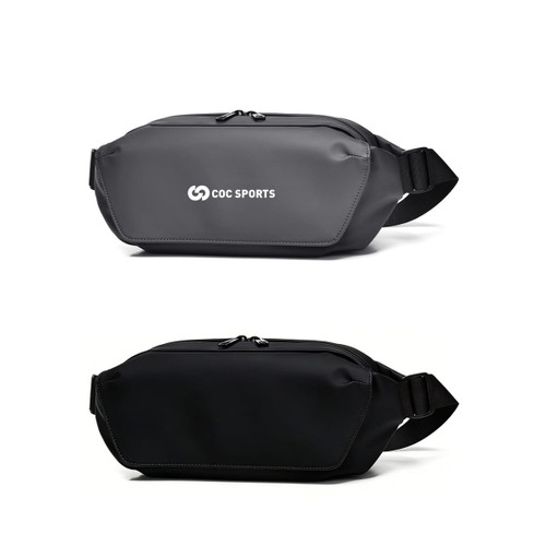 A fanny pack in grey and black with a logo on the front and a zippered compartment.