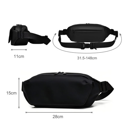 A black fanny pack with adjustable straps, measuring 28cm x 15cm x 11cm, featuring a logo.