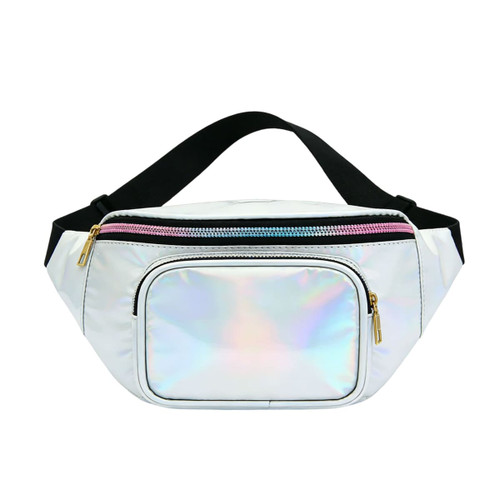A holographic fanny pack in white with a pink zipper and a front pocket, featuring a black adjustable strap.