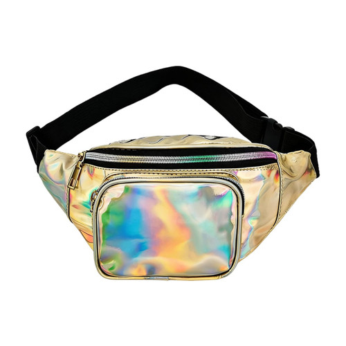A holographic fanny pack in iridescent gold with a black adjustable strap and zippered pockets.