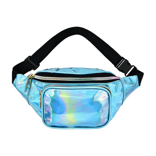 A holographic fanny pack in blue with a shiny finish and a black adjustable strap. It features multiple zippered compartments.