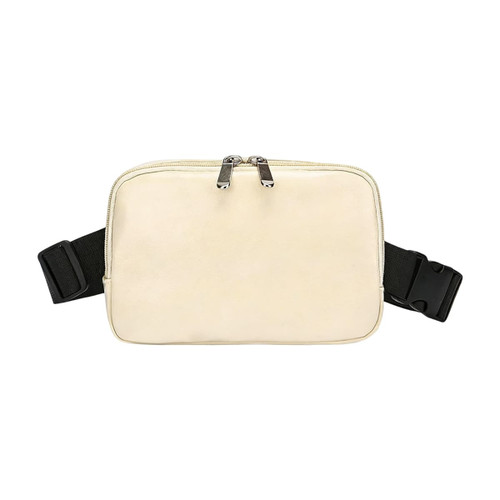 A cream polyurethane fanny pack with a zippered closure and adjustable black straps. It features a logo on the surface.