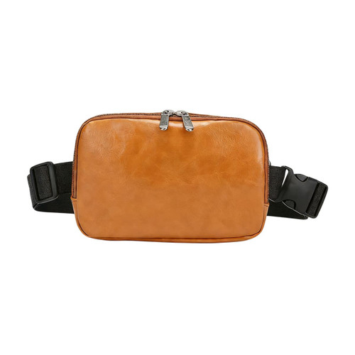 A tan polyurethane fanny pack with a zippered closure and an adjustable black strap. It features a logo.