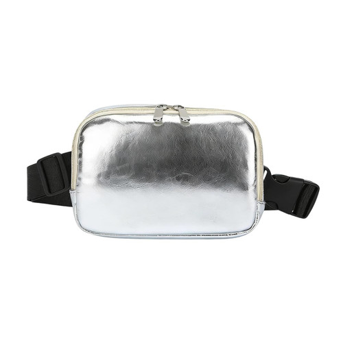 A silver polyurethane fanny pack with a cream zip and adjustable black strap, featuring a logo.