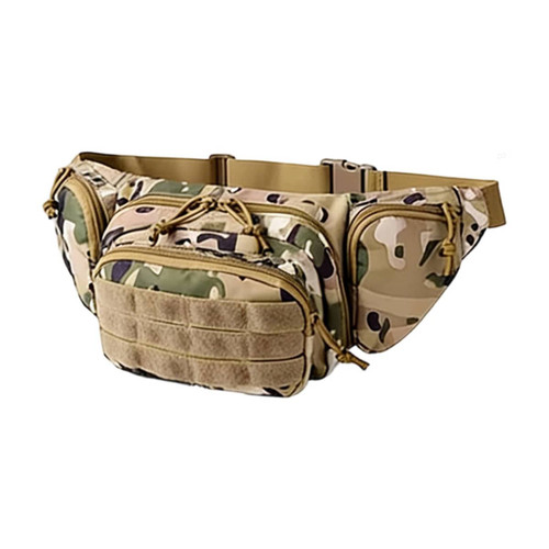 A tactical fanny pack in a camouflage pattern featuring multiple zippered compartments and an adjustable strap.