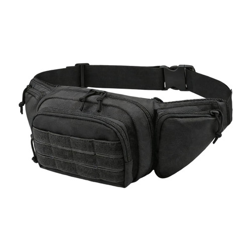A black tactical fanny pack featuring multiple pockets and a textured front panel. It has an adjustable belt.